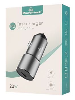 POWERTECH Φορτιστής Αυτοκινήτου PT-924, 1x USB Type-C, PD 20W, 3A, γκρι - Φορτιστές κινητών