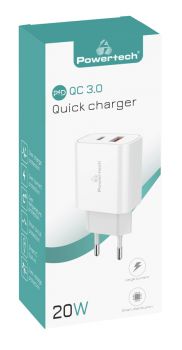 POWERTECH φορτιστής τοίχου PT-977, USB & USB-C, PD QC3.0 20W, λευκός - Mobile chargers