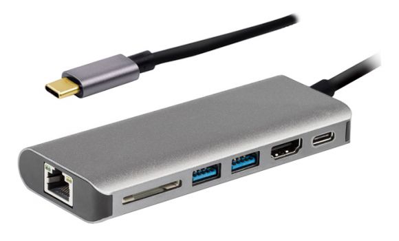 POWERTECH docking station PTH-069, 2x USB/HDMI/RJ45/USB-C PD/SD, γκρι - Περιφερειακά PC