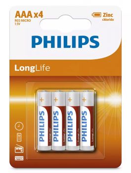 PHILIPS LongLife Zinc chloride μπαταρίες R03L4B/10 AAA R03 Micro, 4τμχ - Alkaline / Rechargeable batteries