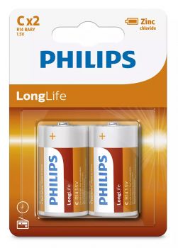 PHILIPS LongLife Zinc chloride μπαταρίες R14L2B/10, R14 1.5V, 2τμχ - Alkaline / Rechargeable batteries
