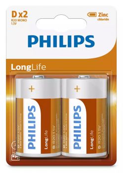 PHILIPS LongLife Zinc chloride μπαταρίες R20L2B/10, R20 1.5V, 2τμχ - Alkaline / Rechargeable batteries
