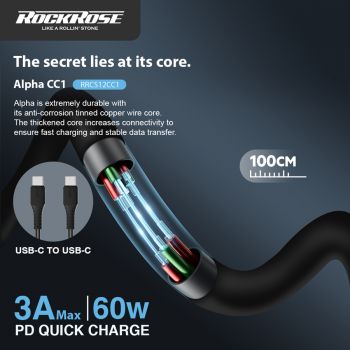 ROCKROSE καλώδιο USB-C Alpha CC1, 3A 60W, 1m, μαύρο - Cables