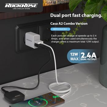 ROCKROSE φορτιστής τοίχου RRTCC02CEU, καλώδιο USB-C, 2x USB 12W, λευκός - Mobile chargers