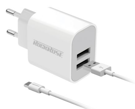 ROCKROSE φορτιστής τοίχου RRTCC02CEU, καλώδιο USB-C, 2x USB 12W, λευκός - Mobile chargers
