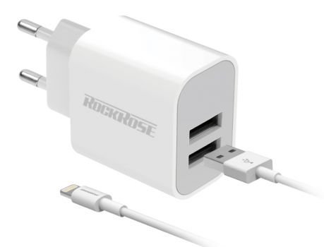 ROCKROSE φορτιστής τοίχου RRTCC02LEU καλώδιο Lightning, 2xUSB 12W, λευκό - Mobile chargers