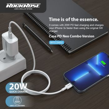 ROCKROSE φορτιστής τοίχου RRTCC04EU, καλώδιο Lightning, USB-C 20W, λευκό - Mobile chargers