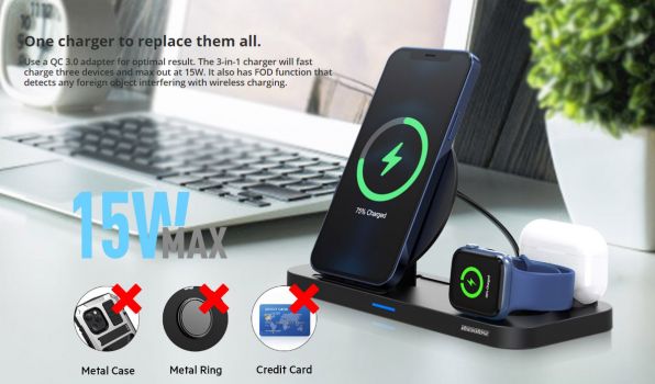 ROCKROSE ασύρματος φορτιστής Airwave Max 3in1, 15W, μαύρος - Mobile chargers