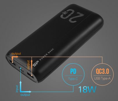 SILICON POWER power bank QS15, 20000mAh, 2x USB & USB Type-C, 3A, μαύρο - Power Bank