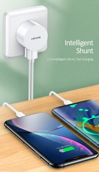USAMS φορτιστής τοίχου T20 & καλώδιο Lightning, 2x USB, 2.1A, λευκός - Mobile chargers