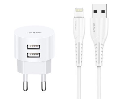 USAMS φορτιστής τοίχου T20 & καλώδιο Lightning, 2x USB, 2.1A, λευκός - Mobile chargers