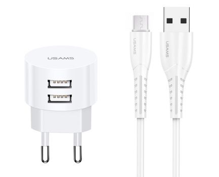 USAMS φορτιστής τοίχου T20 & καλώδιο Micro USB, 2x USB, 2.1A, λευκός - Mobile chargers