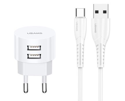 USAMS φορτιστής τοίχου T20 & καλώδιο type-C, 2x USB, 2.1A, λευκός - Φορτιστές κινητών